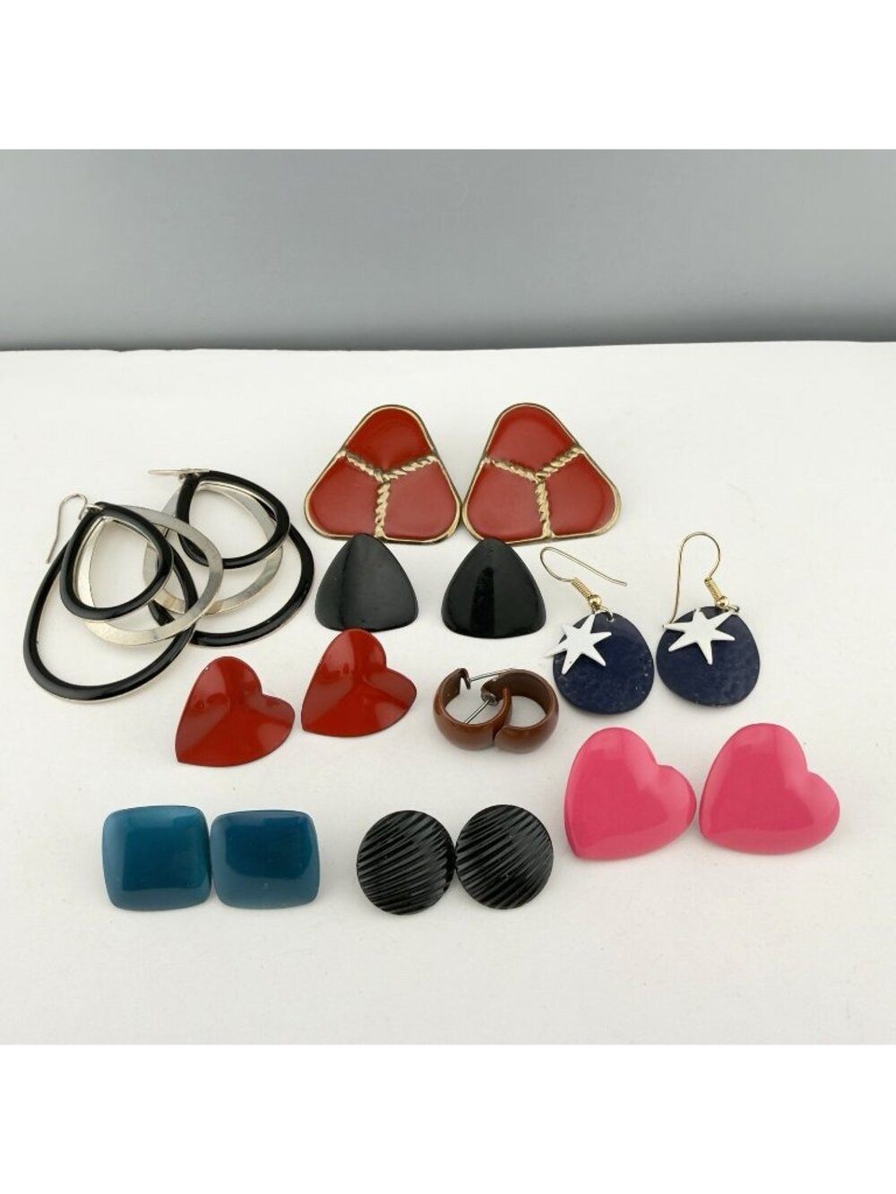 Vintage 80s Enamel Earrings Set Colorful Mix Dangle Drop Stud Hoop Retro
